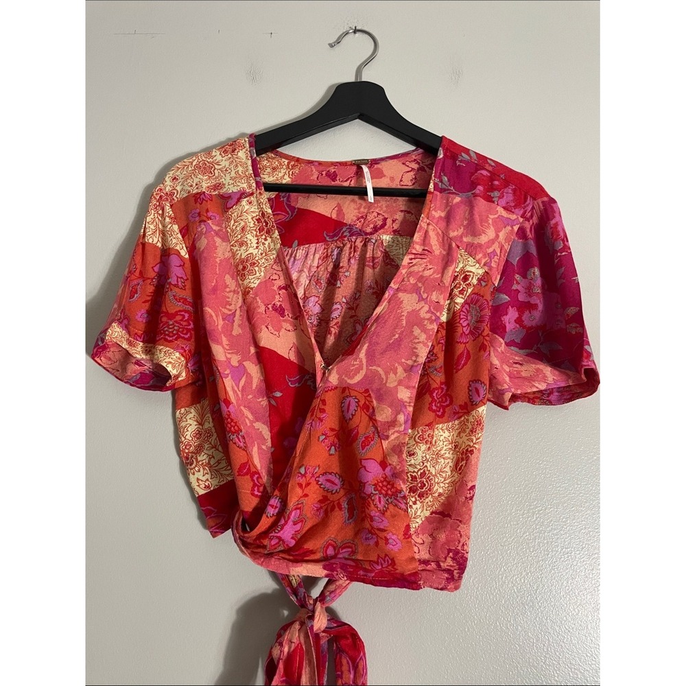 Free People Wrap Top Rayon Patchwork Floral Large Boho Summer Blouse